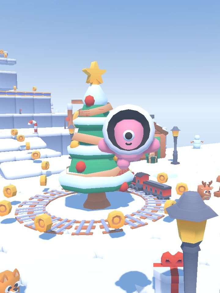 The astronaut beside a Christmas tree in Frosty Peaks