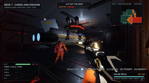 The cargo bay, with a pulse rifle and creatures in the dark
